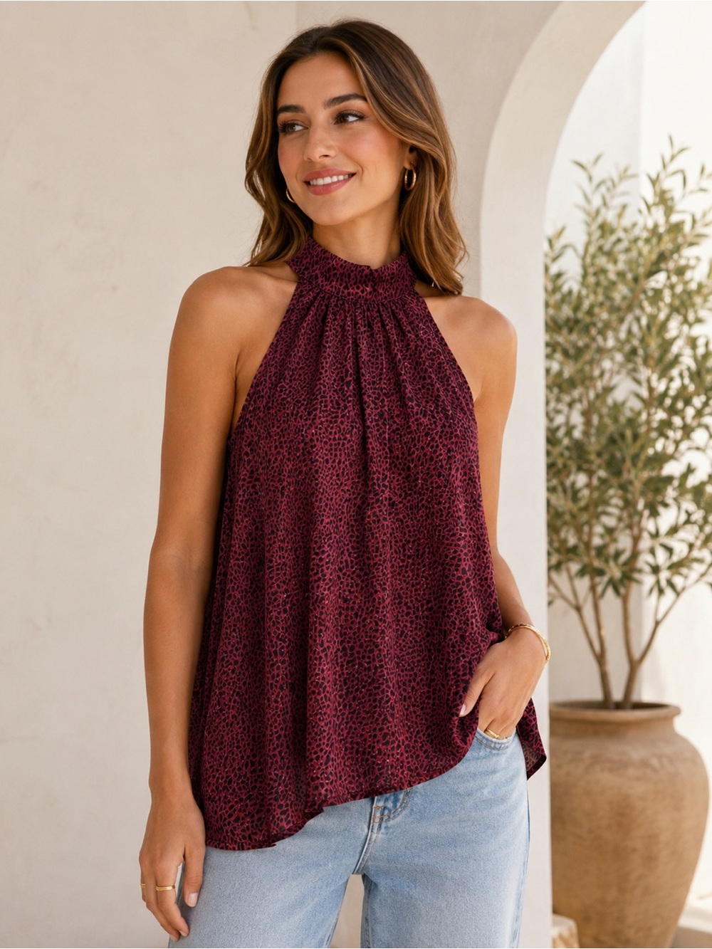 Liverpool Burgundy Smocked Halter Animal-Print Top